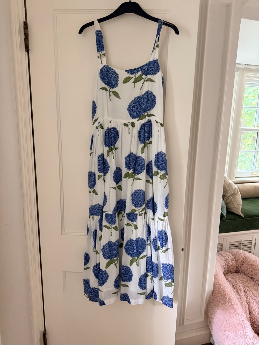 Pink Chicken White Maxi Dress with Blue Hydrangea Print
